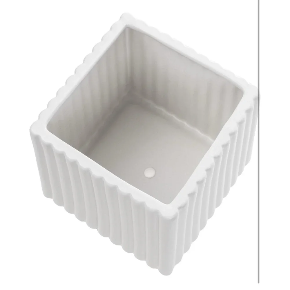 6.3 Inch Square Vintage White Ceramic Succulent Planter Pot with Vertical Ribbed